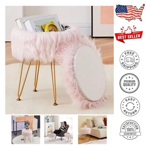 Elegant Pink Faux Fur Ottoman - Multi-Functional Footrest and Storage Solution - Picture 1 of 10