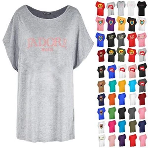 Womens Ladies Printed Oversized Baggy Batwing Sleeve Loose Fit T-Shirt Tee Top - Picture 1 of 51