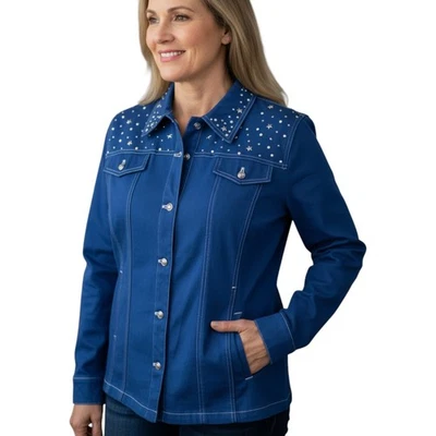 Quacker Factory Denim Jacket Women’s Large Blue Studded Star Bling Button Pocket - Image 1 of 4