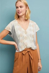 Anthropologie Sea Fan Embroidered Top by Tiny Size Small Gray Beige New $78 Tag - Picture 1 of 7