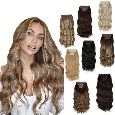 US 4 Pieces Clip In Hair Extensions Full Head Natural As Human Real Thick Wavy - Image 1 of 4