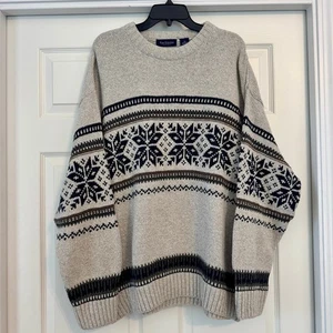 Vintage Van Heusen Beige Navy Fair Isle Crewneck Sweater XL - Picture 1 of 8