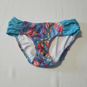 VENUS Mid Rise Moderate Coverage Bikini Bottom 6 Teal Blue & Neon Ruched Sides - Picture 1 of 5