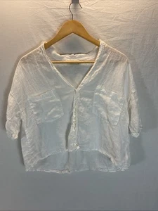 Top oversize STARK X anthropologie 100% lino bianco bottoni ritagliato boxy MED - Foto 1 di 10