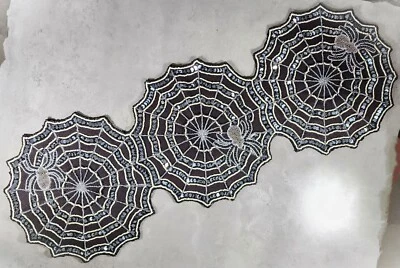 Spiderweb Beaded Centerpiece Table Runner Halloween Web Spiders 13” x 36” - Image 1 of 4