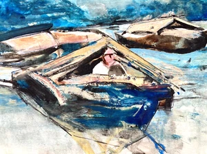 1982 Vintage Wood Boat Painting Art Blue Harbor Marina Fishing Mooring Retro MCM - Picture 1 of 4