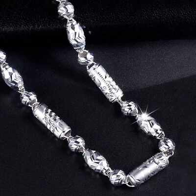 Collar de eslabones de columna de cuentas talladas de 3 mm de platino puro 950 para hombres y mujeres 14,2 g/20,4 pulgadas Foto 1 de 4