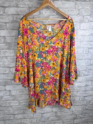 Anne Cole Popover Cover Up Top 14 16 Yellow Sunshine Floral Flounce Boho Beach - Image 1 of 4