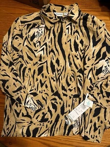 Alfred Dunner Brown Animal Print Long Sleeve Cuff Button Up Blouse Shirt Size 14 - Picture 1 of 7