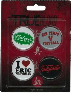 True Blood - Pin set #2 NEW * 4 badges Fangtasia Love Eric Bon Temps Merlotte's - Picture 1 of 1
