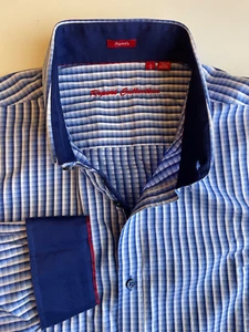 REPORT COLLECTION LS button shirt men size L blue stripe contrast trim flip cuff - Picture 1 of 21