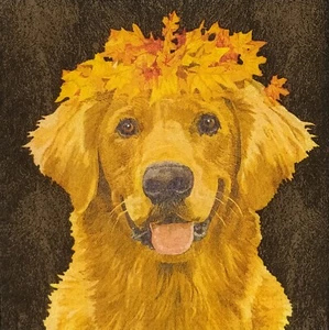 Z168# 3 servilletas de papel pequeñas individuales decoupage retriever perro con corona de otoño - Imagen 1 de 11