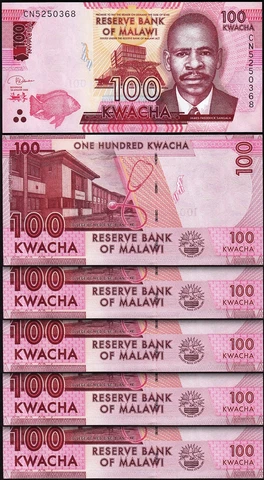 Malawi 100 Kwacha 2020, UNC, 5 Pcs LOT, Consecutive, P-New (65) Cover