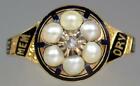 Pretty Antique Victorian 18K Gold Diamond Enamel Pearl Floral Mourning Ring 6.5