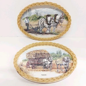 Oval Imperial Melamine Wicker Tray x2 Percherons Horses Vintage 30cm Countyside - Picture 1 of 17