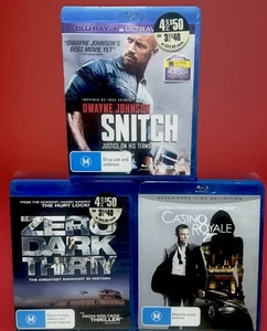 Paquete de 3 películas espías de acción Blu Ray OO7 Casino Royale Zero Dark Thirty Snitch - Imagen 1 de 11
