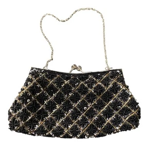 Vintage Moni Couture Evening Bag Black Beaded Silver Frame Kiss Lock Chain - Picture 1 of 8