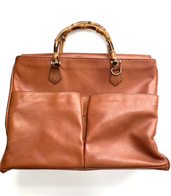 Cartera de mano grande de bambú de cuero marrón tostado vintage Gucci Saddle 10 X 14 Foto 1 de 4