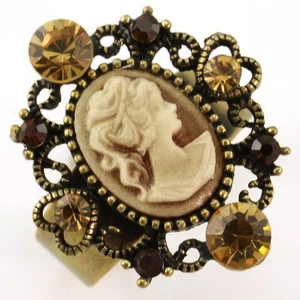 Antiguo Anillo Oro Vintage Estilo CAMEO Ovalado Dama Corazón Piedra Marrón Cristal CR6 - Imagen 1 de 1