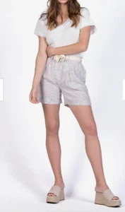 RIDLEY Quinn Short Colored Pinstripe Belted Linen Resortwear Sz M Nwt Sand - Picture 1 of 7