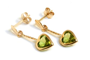9ct Gold Peridot earrings Heart drop Gift Boxed Made in UK Birthday Gift - Picture 1 of 4