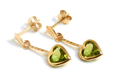 9ct Gold Peridot earrings Heart drop Gift Boxed Made in UK Birthday Gift - Image 1 of 4