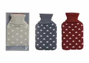 Wärmflasche 1 l mit Strickbezug Stern-Dekor waschbar rot dunkel-grau beige - Bild 1 von 4