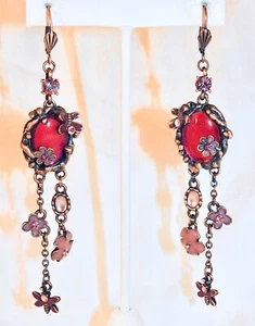 Pink Purple Earrings Long with Enamel and Rose Gold Plate - Picture 1 of 4