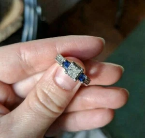 Princess Cut Lab Created Diamond & Sapphire Three-Stone Wedding 925 Silver Ring - Picture 1 of 7