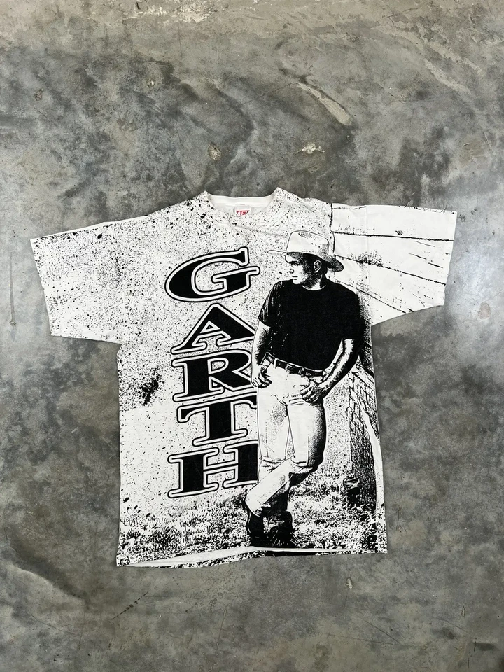 Vintage Garth Brooks All Over Print Tee White + Black Sz XXL - Image 1 of 4
