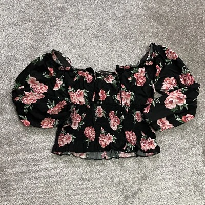 Blusa Top Campesina Casi Famosa Niñas XL Negra Floral Elastizada Manga Larga Corta Foto 1 de 4