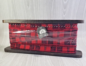 Wood Spool Of Red Plaid Ribbon 25 yards Sealed NEW - Picture 1 of 2