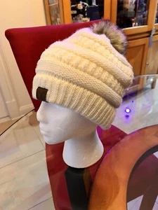 C.C Exclusives FUR POM BEANIE HAT IN IVORY USED - Picture 1 of 9