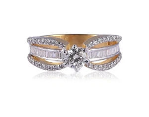 1.16 Cts Round Baguette Cut Diamonds Anniversary Solitaire Ring In 585 14K Gold - Picture 1 of 3