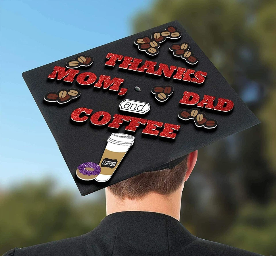 Lot of 6 Graduation Cap Decorating Kit Thanks Mom, Dad & Coffee Sticker sheets   - Image 1 of 1