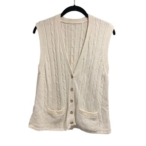Maglione donna vintage panna maglia cavo gilet L bottoni tasche anteriori senza maniche - Foto 1 di 5