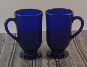 2) Vintage MCM Libbey Cobalt Blue Footed Irish Coffee Latte 10 oz Glass Mugs - Picture 1 of 7