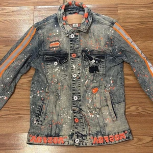 Smoke Rise Denim Jeansjacke Herren S Distressed Farbspritzer reflektierend Graffiti - Bild 1 von 14