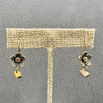 Flower Drop Earrings Brass Tone Crystal Dangle Tiger Eye Bead Boho Jewelry 1" - Image 1 of 4