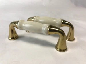 2x Allison 3" Off White Ceramic and Brass Mid-Century Modern Drawer/Door Pull - Picture 1 of 5