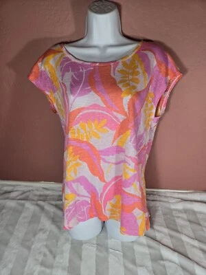 C&C California 100% Linen Button Back Top Womens Tropical Pink Orange Floral L - Image 1 of 4