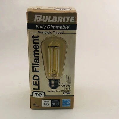Bulbrite 7-W, ST18, 2200K, 120v, Antique Nostalgic Thread Filament LED Bulb NEW - Image 1 of 4