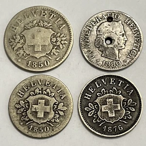 SWITZERLAND 1850 1876 1880 10 Rappen & 1850 20 Rappen Billon Silver 4 Coins - Picture 1 of 2