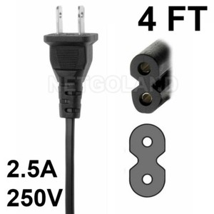 4FT US 2-Prong Two Prongs Port AC Power Cord Cable Connector for PS2 PS3 Slim