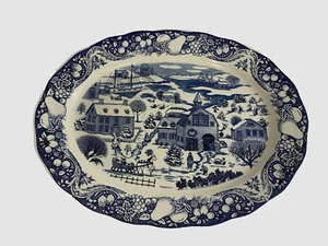 Vintage Sanyei Japan Blue & White Serving Platter English Countryside 18x14 - Picture 1 of 10