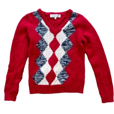 Boys Red Argyle Sweater V Neck Preppy 160/80A Size 12-14 Etam Weekend - Image 1 of 4