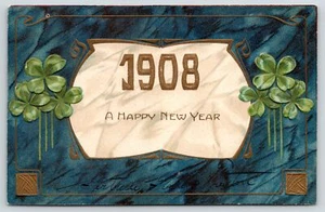 PFB New Year~Large Number 1908~Shamrocks~Blue Back Gold Art Nouveau~Serie 7293 - Picture 1 of 2