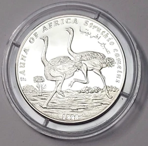 Somalia Republik 10.000 Shillings 1998 PP Silber 999 Ø35mm Strauße Strauß - Bild 1 von 2