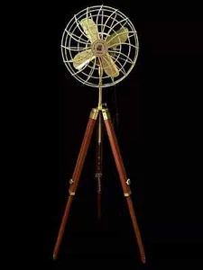 Antique Brass Golden Nautical Adjustable Hight Vintage Look Tripod Floor Fan - Picture 1 of 8