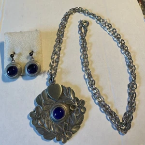 Vintage R Tennesmed Sweden Necklace & Earrings Set Blue stone 24" chain EUC - Picture 1 of 4